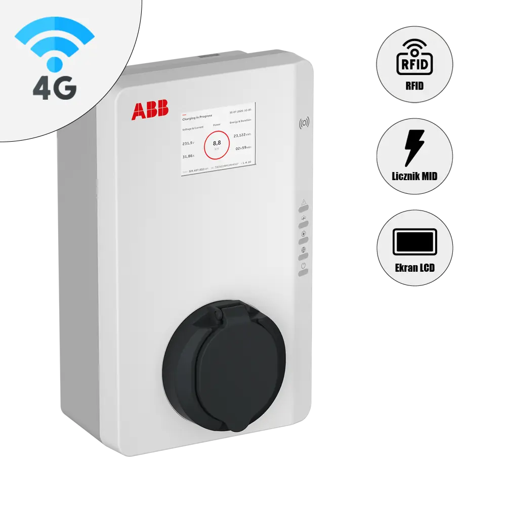 Socket ładowarki ABB bez kabla, z czytnikiem RFID, łącznością 4G, licznikiem MID i ekranem LCD