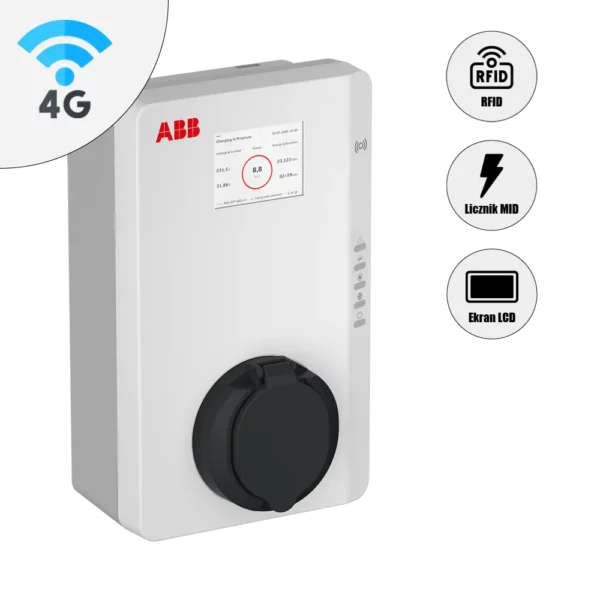 Socket ładowarki ABB bez kabla, z czytnikiem RFID, łącznością 4G, licznikiem MID i ekranem LCD